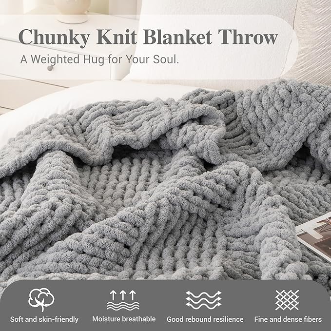 Bunnikins & Clover Chunky Knit Throw Blanket for Couch, Light Grey Throw Blanket for Home Decor, Handmade Chenille Cable Knit Throw Crochet Blanket, 50"x60"