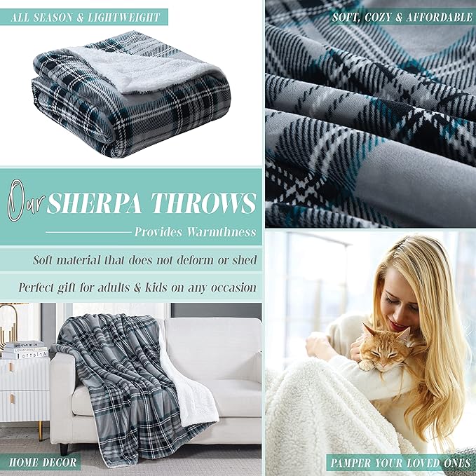 Elegant Comfort Throw Blanket, Reversible Sherpa Flannel, Ultra-Soft, Fuzzy, Cozy and Plush- All Season Lightweight Decorative Throw, 50 x 60 inches, Plaid Design Sherpa Throw, Silver Gray