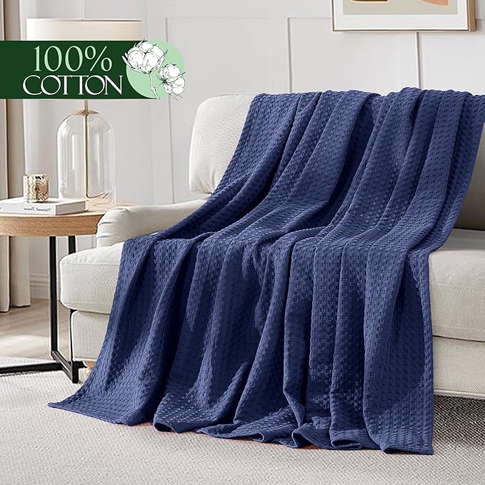 Elegant Comfort Premium 100% Cotton Waffle Blanket - Lightweight Breathable Waffle Weave Bed Blanket - Soft and Warm All Season Blanket for Couch, Sofa and Bed, Queen Size 90x90 Inches, Navy Blue