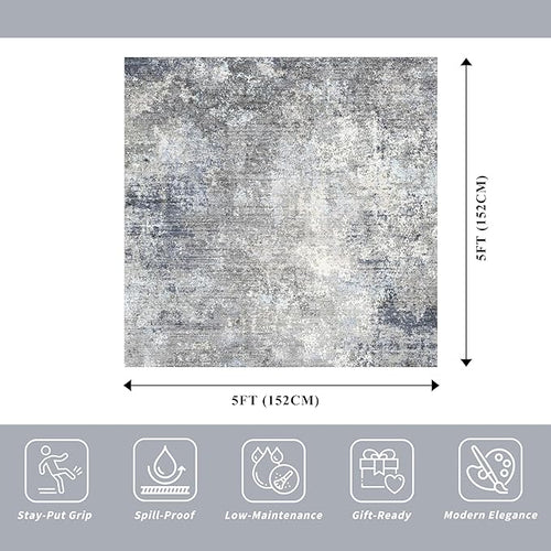 5x5 Rug Square for Living Room – Machine Washable Non-Slip Area Rug for Kitchen Entryway Bathroom – Modern Neutral Abstract Soft 5ft Indoor Carpet (Blue Grey, 5x5)