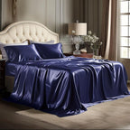 Bedsure Satin Sheets King Size - 4 Piece Silky Bedsheets with Elastic Corner Straps and 15 Inches Deep Pocket Fitted Bedsheet,1 Flat Sheet, 2 Satin Pillowcases, Good for Hair & Skin (King, Navy)