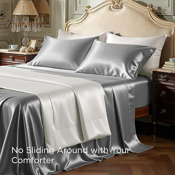 Bedsure Satin Sheets King Size - 4 Piece Silky Bedsheets with Elastic Corner Straps and 15 Inches Deep Pocket Fitted Bedsheet,1 Flat Sheet, 2 Satin Pillowcases, Good for Hair & Skin (King, Dark Grey)