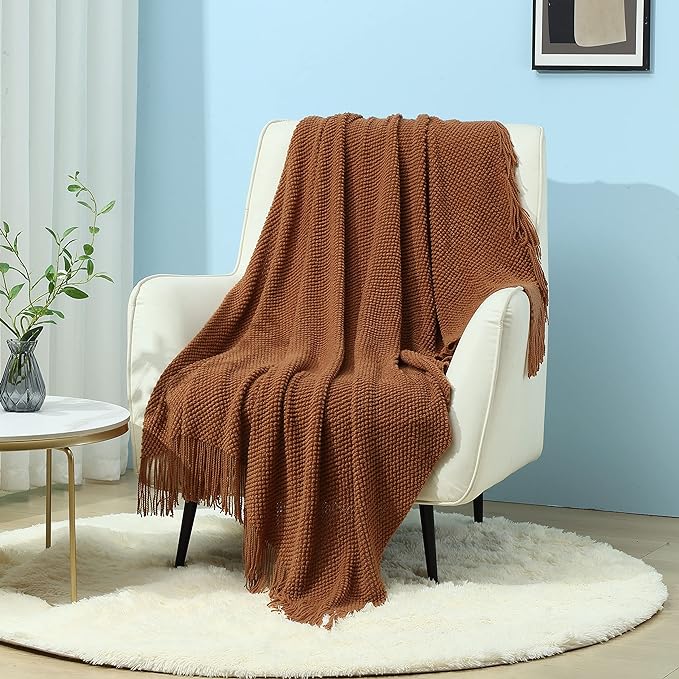 CREVENT Rustic Farmhouse Knit Throw Blanket for Couch Sofa Chair Bed Home Decoration, Soft Warm Cozy Light Weight for Spring Summer Fall (50''X60'' Caramel)
