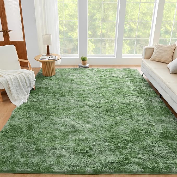 Litanika 5x8 Fluffy Shag Faux Fur Area Rug for Living Room Bedroom, Tie-Dyed Army Green High Pile Soft Plush Shaggy Furry Bedside Playroom Dorm Carpet, Non-Slip, Non-Shedding Modern Indoor Floor Rug