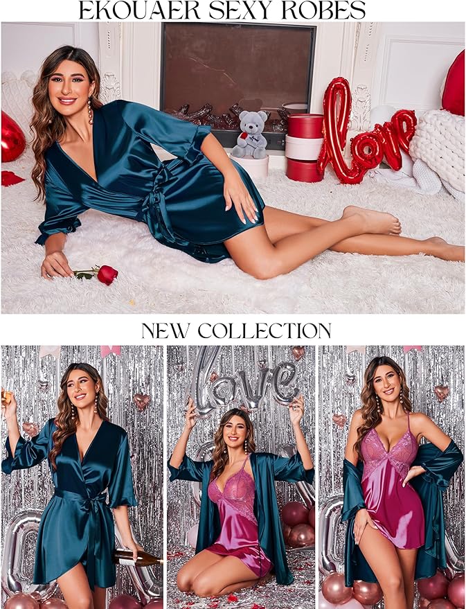 Ekouaer Women's Satin Robe Valentines Lingerie for Women Kimono Bathrobe Short Ruffle Belted Robes Bridesmaids Sleepwear