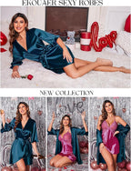 Ekouaer Women's Satin Robe Valentines Lingerie for Women Kimono Bathrobe Short Ruffle Belted Robes Bridesmaids Sleepwear