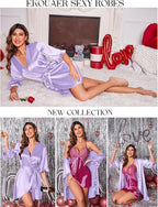 Ekouaer Women's Satin Robe Valentines Lingerie for Women Kimono Bathrobe Short Ruffle Belted Robes Bridesmaids Sleepwear