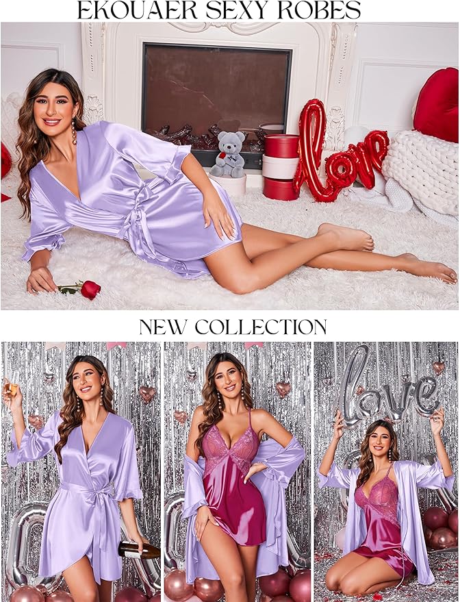 Ekouaer Women's Satin Robe Valentines Lingerie for Women Kimono Bathrobe Short Ruffle Belted Robes Bridesmaids Sleepwear