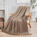Chunky Knit Throw Blanket with Braided Tassels 50" x 60", Hand Knitted Soft Thick Yarn Basket Weave Boho Farmhouse Blanket, Plush Fluffy Tassel Decor Throw for Couch Bed Sofa, Brown