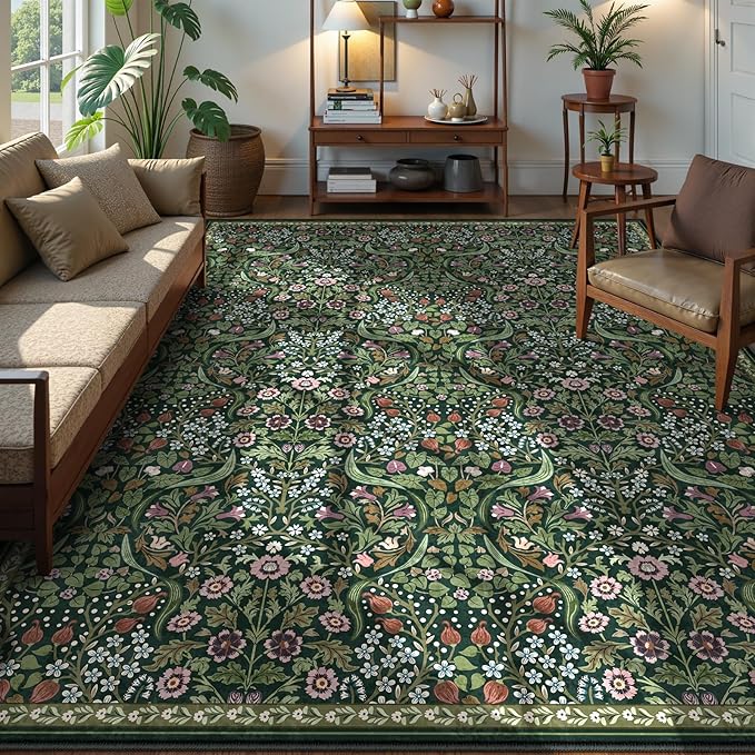 Lahome Claude Floral Area Rugs 9x12 Living Room, Green Soft Bedroom Rugs Non Slip, Thin Dining Room Carpet, Non Shedding Print Carpets for Guestroom