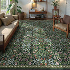 Lahome Claude Floral Area Rugs 9x12 Living Room, Green Soft Bedroom Rugs Non Slip, Thin Dining Room Carpet, Non Shedding Print Carpets for Guestroom