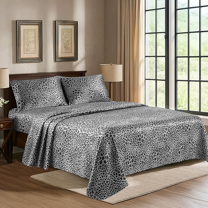 Satin Sheets Full [4-Piece, Silver Leopard] Hotel Luxury Silky Bed Sheets - Extra Soft 1800 Microfiber Sheet Set, Wrinkle, Fade, Stain Resistant - Deep Pocket Fitted Sheet, Flat Sheet, Pillow Cases