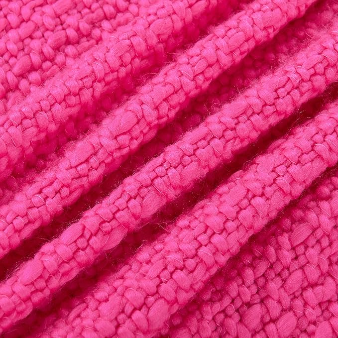 Chunky Knit Throw Blanket with Braided Tassels 50" x 60", Hand Knitted Soft Thick Yarn Basket Weave Boho Farmhouse Blanket, Plush Fluffy Tassel Decor Throw for Couch Bed Sofa, Hot Pink