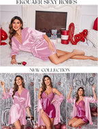 Ekouaer Women's Satin Robe Valentines Lingerie for Women Kimono Bathrobe Short Ruffle Belted Robes Bridesmaids Sleepwear