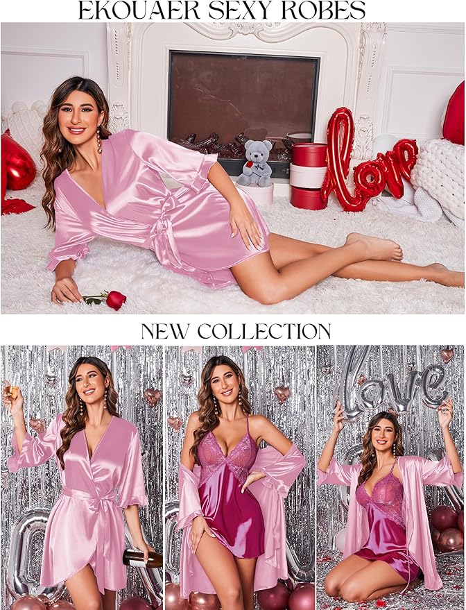 Ekouaer Women's Satin Robe Valentines Lingerie for Women Kimono Bathrobe Short Ruffle Belted Robes Bridesmaids Sleepwear