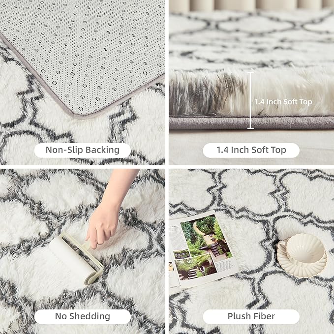 Litanika 4x6 Geometric Shag Area Rug for Bedroom, White and Grey High Pile Ultra Soft Plush Shaggy Furry Bedside Playroom Dorm Carpet, Non-Slip, Non-Shedding Indoor Floor Rug