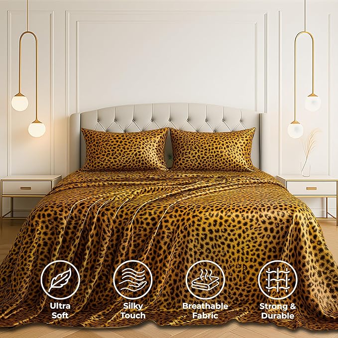 Satin Sheets Queen [4-Piece, Gold Leopard] Hotel Luxury Silky Bed Sheets - Extra Soft 1800 Microfiber Sheet Set, Wrinkle, Fade, Stain Resistant - Deep Pocket Fitted Sheet, Flat Sheet, Pillow Cases