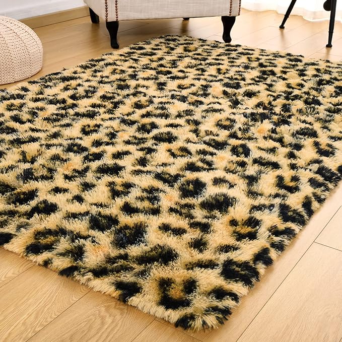HOMORE Premium Leopard Fluffy Rugs, Leopard Print Rug for Living Room Bedroom,Soft Cheetah Print Rug for Kids Children Room, Faux Animal Printed Carpet for Western Decor,3x5 Feet Black and Khaki