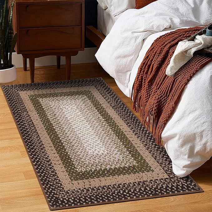 RUGSREAL Entry Rug 2x3 Small Area Rug Machine Washable Bedroom Carpet Non Slip Bathroom Mat Stain Resistant Kitchen Area Rug Farmhouse Carpet Modern Rustic Rug for Living Room Dining Room, Moss/Brown