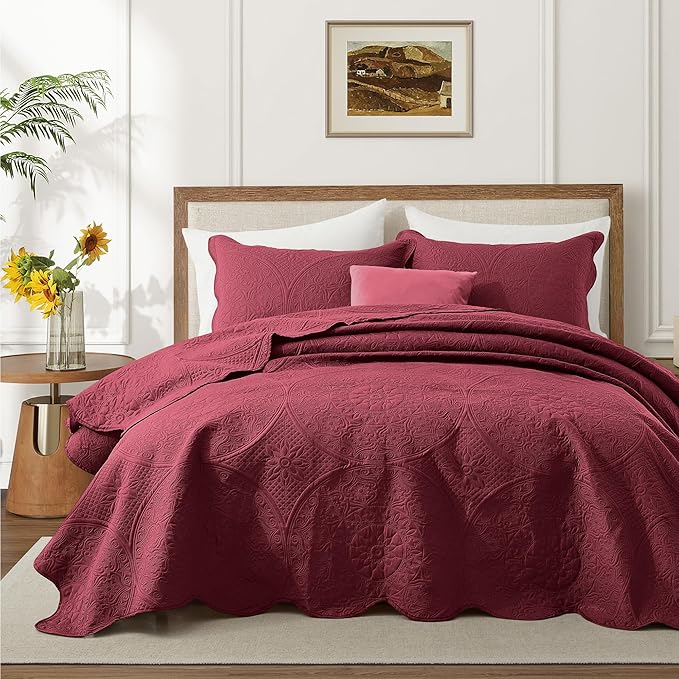 IR Imperial Rooms King Quilt Bedding Set Size (106" x 96") + 2 Pillow Shams (20" x 36"+ 2") - 3 Pcs All Season Lightweight Reversible Microfiber Coverlet Floral Embossed Quilt Bedspread (Burgundy)