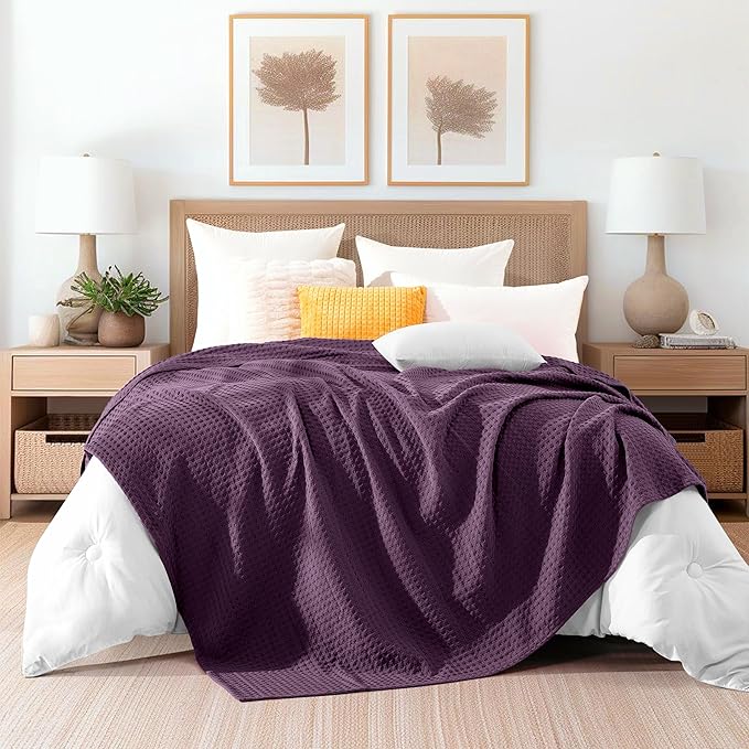 Elegant Comfort Premium 100% Cotton Waffle Blanket - Lightweight Breathable Waffle Weave Bed Blanket - Soft and Warm All Season Blanket for Couch, Sofa and Bed, Full Size 88x88 Inches, Purple