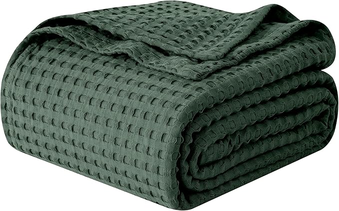 Elegant Comfort Premium 100% Cotton Waffle Blanket - Lightweight Breathable Waffle Weave Bed Blanket - Soft and Warm All Season Blanket for Couch, Sofa and Bed, Queen Size 90x90 Inches, Hunter Green