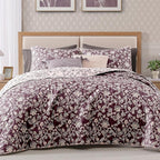 BLOOMHAVEN Quilt Set Queen Size, Italian Plum Floral Quilt Sets, Reversible Bedspread Lightweight and Breathable for All Seasons, Soft Quilted Bedspread with 2 Pillow Shams