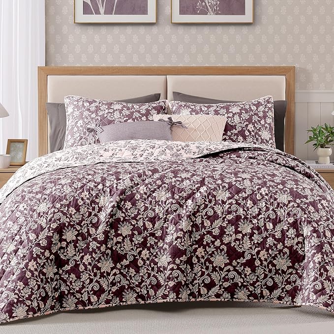 BLOOMHAVEN Quilt Set Queen Size, Italian Plum Floral Quilt Sets, Reversible Bedspread Lightweight and Breathable for All Seasons, Soft Quilted Bedspread with 2 Pillow Shams