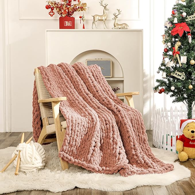 WESHIONGOO Chunky Knit Blanket Throw 51"×63" Knitted Throw Blankets for Couch Bed Fluffy Soft Blanket with Jumbo Chenille Yarn Thick 100% Handmade (Pink)