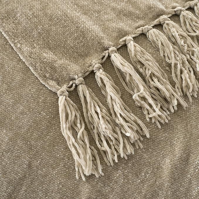 Chenille Throw Blanket for Couch with Tassels,50"X60" Soft Cozy Lightweight Knitted Boho Decorative Blankets for Bed and Sofa,Taupe
