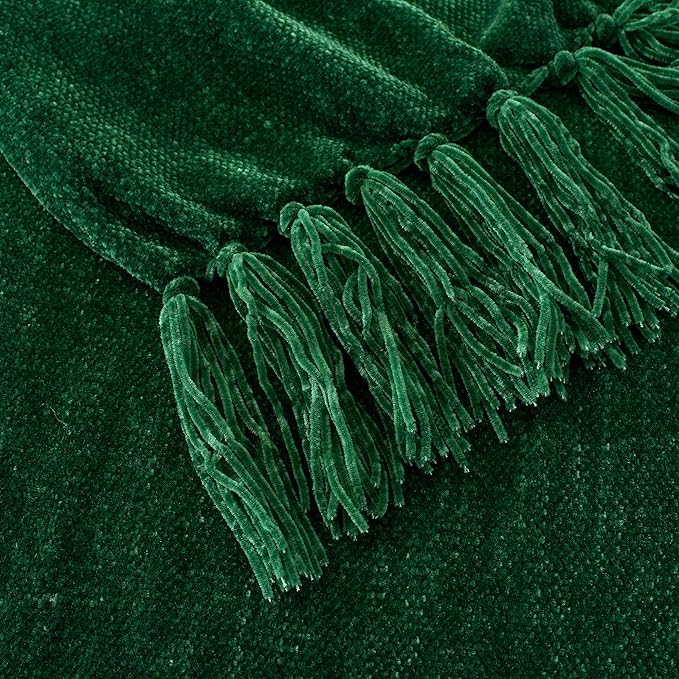 Chenille Throw Blanket for Couch with Tassels,60"X80" Soft Cozy Lightweight Knitted Boho Decorative Blankets for Bed and Sofa,Dark Green