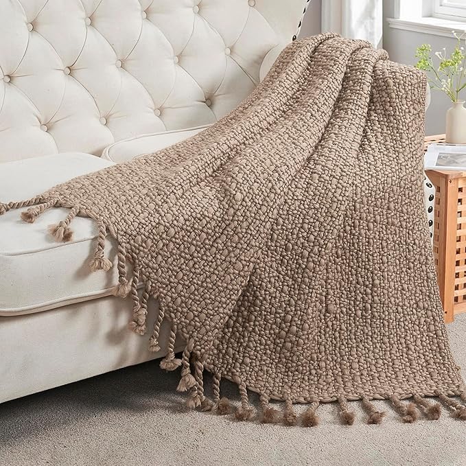 Chunky Knit Throw Blanket with Braided Tassels 50" x 60", Hand Knitted Soft Thick Yarn Basket Weave Boho Farmhouse Blanket, Plush Fluffy Tassel Decor Throw for Couch Bed Sofa, Brown