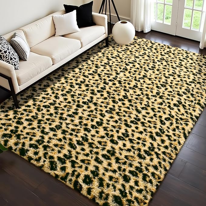 HOMORE Premium Leopard Fluffy Rugs, Leopard Print Rug for Living Room Bedroom,Soft Cheetah Print Rug for Kids Children Room, Faux Animal Printed Carpet for Western Decor,5x8 Feet Black and Khaki