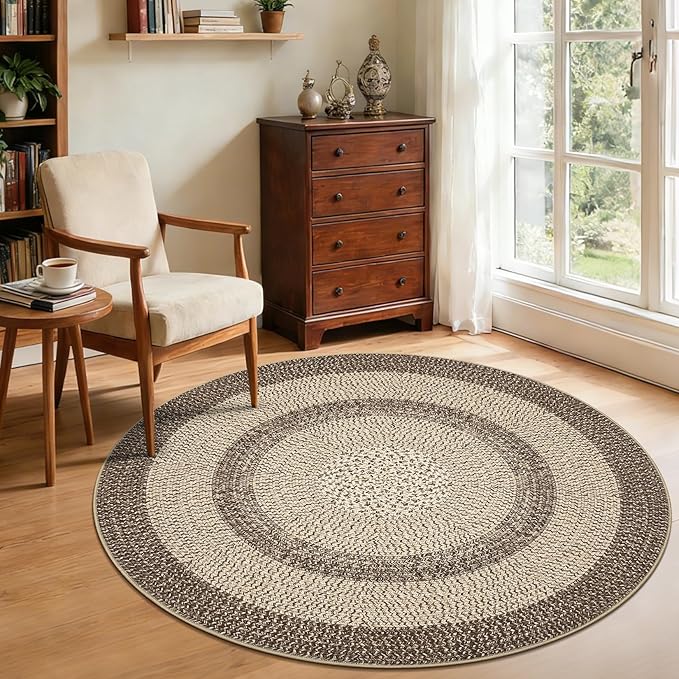 Modern Bordered Round Area Rug 4ft Washable Bedroom Circle Rugs Non Slip Stain Resistant Dining Room Round Throw Carpet Contemporary Circle Mats for Living Room Kitchen Nursery, Camel