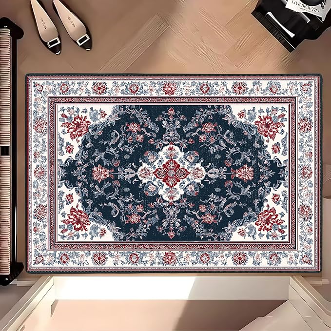 Area Rug 2x3 ft Entry Rug Washable Vintage Boho Rugs Non Slip Low Pile Floral Door Mat Small Carpet for Bedroom, Bedside, Kids Room, Office, Dining Room