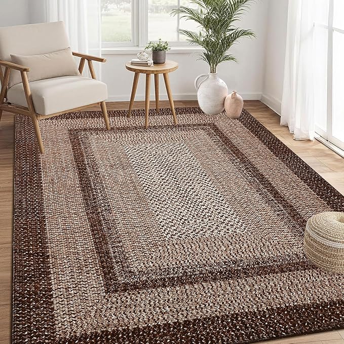 RUGSREAL Washable Rug 5x7 Boho Accent Bedroom Rugs Modern Geometric Floor Carpet Indoor Low Pile Non Slip Farmhouse Rustic Bohemian Carpet for Living Room Nursery Kitchen, Brown