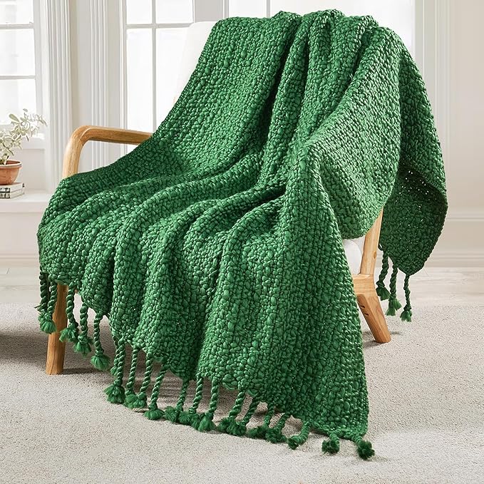 Home Soft Things Chunky Knit Basket Weave Throw Blanket 50"x60" - Boho Soft Microfiber with Braided Tassels - All Season Cozy Decorative Throw for Couch, Sofa, Bed, Indoor & Outdoor - Eden Green