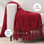 PAVILIA Burgundy Red Chenille Throw Blanket for Couch Sofa, Soft Maroon Red Knit Throw with Tassel, Decorative Blanket for Bed Chair Living Room, Wine Red 50x60