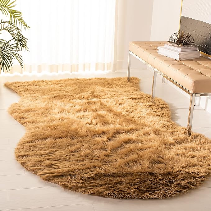 SAFAVIEH Faux Sheep Skin Collection 3' x 5' Camel FSS115E Silken Glam 2.35-inch Thick Area Rug