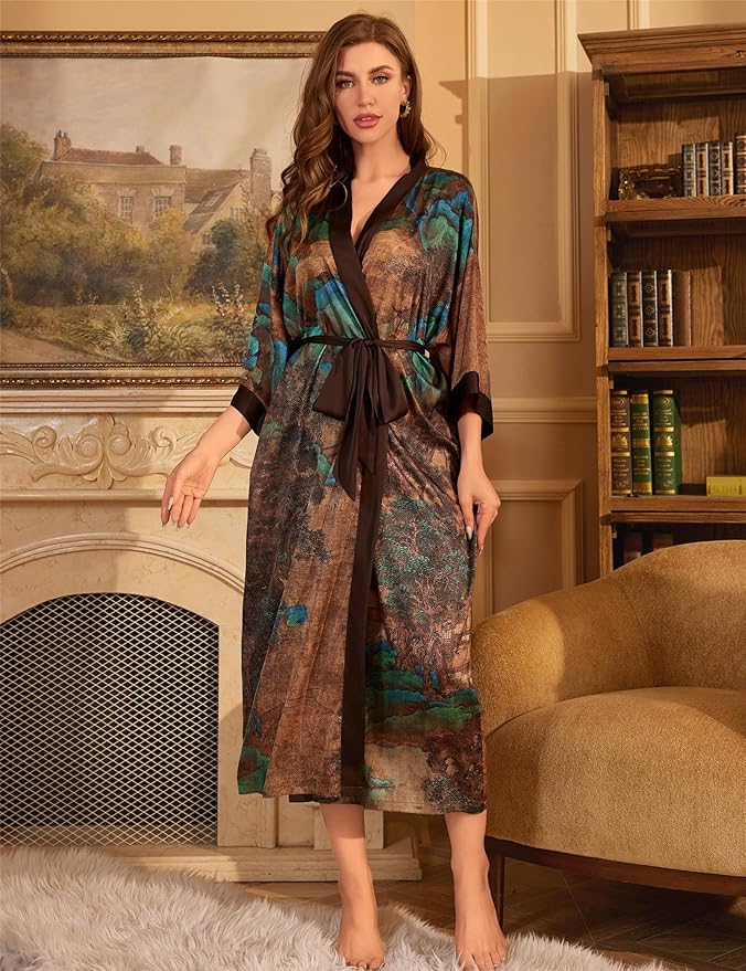 Kihnop Women's Floral Long Kimono Robe Long Satin Robe Long Silk Robe Ladies Kimonos Silky Bathrobe Cover Up, One Size
