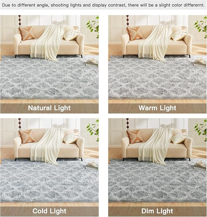 Litanika 8x10 Geometric Shag Area Rug for Bedroom, Light Grey and White High Pile Ultra Soft Plush Shaggy Furry Bedside Playroom Dorm Carpet, Non-Slip, Non-Shedding Indoor Floor Rug