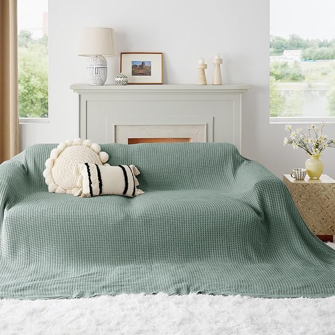 Bedsure Gentlesoft 100% Cotton Big Blanket Oversized King for Bed - Large Breathable Thick Cooling Waffle Weave Blanket for Summer, Couch Cover, Sage Green, 120x94 inches