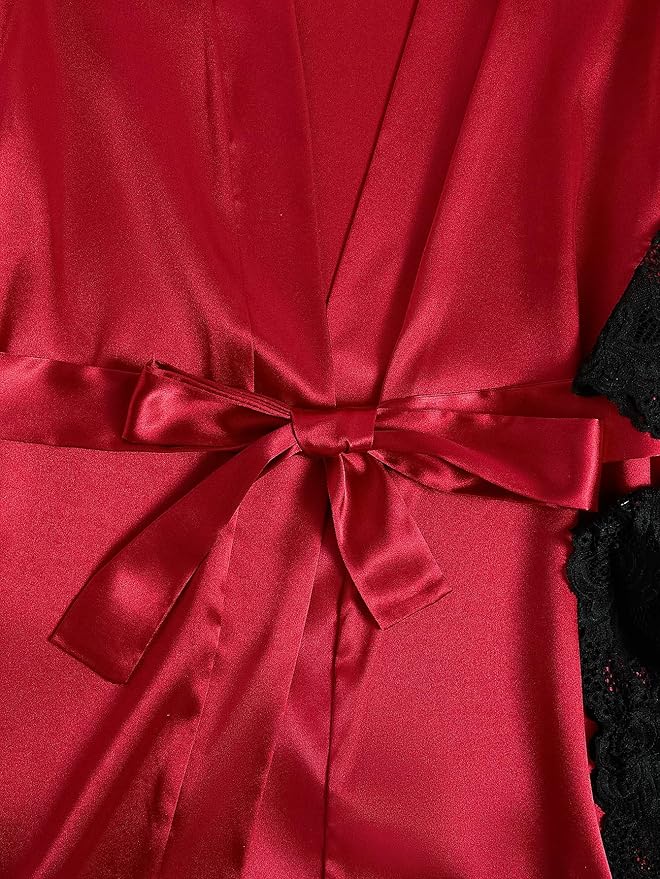 WDIRARA Women' Silk Satin Pajamas Set 4pcs Lingerie Floral Lace Cami Sleepwear with Robe