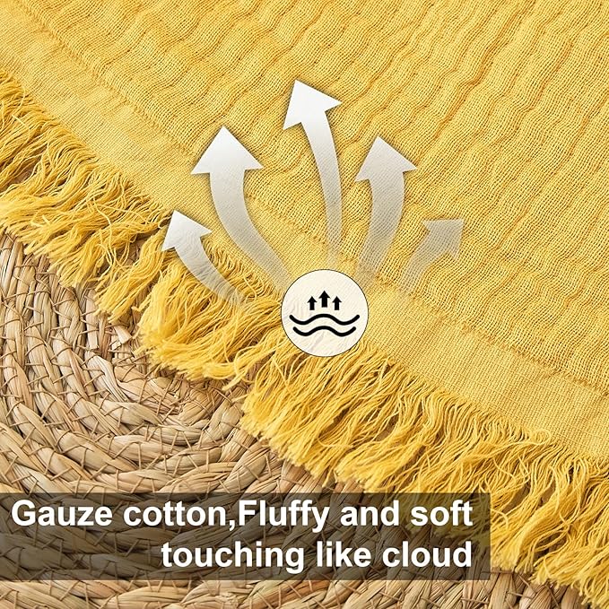 Cotton Muslin Throw Blanket with Tassels, Lightweight Woven Gauze, Pre-Washed Breathable Farmhouse Decor for Bed, Couch, All-Season Use (Yellow, 50" x 60")