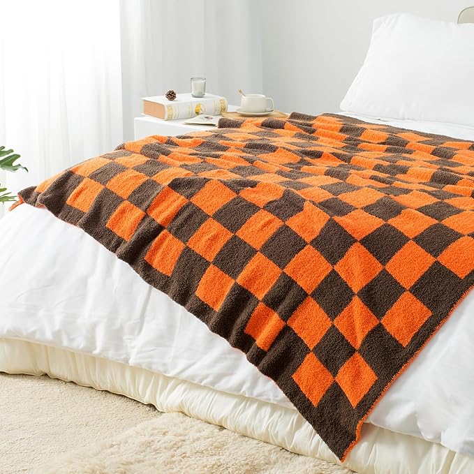 Carriediosa Checkered Throw Blanket 50" X 60", 400GSM Ultra Soft Microfiber Fuzzy Fluffy Reversible Cute Preppy Knitted Blankets Cozy Plush Fall Throws for Couch, Bed, Sofa, Burnt Orange