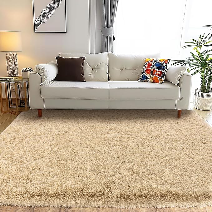 KING DARE Beige Rug for Bedroom 4x6, Fluffy Shaggy Washable Floor Area Rug, Fuzzy Furry Non-Slip Soft Plush Carpet for Living Room Playroom Kids Room Modern Aesthetic Decor