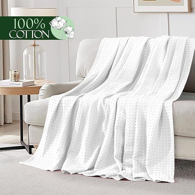 Elegant Comfort Premium 100% Cotton Waffle Blanket - Lightweight Breathable Waffle Weave Bed Blanket - Soft and Warm All Season Blanket for Couch, Sofa and Bed, TwinXL Size 68x90 Inches, White