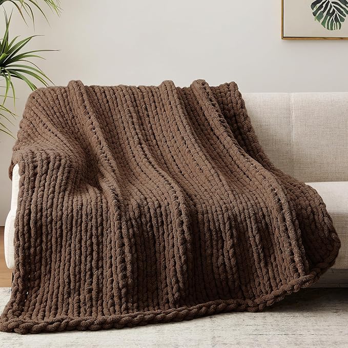 Negwoo Chunky Knit Throw Blanket, 40''*50'' Knitted Throw Chenille Yarn for Bed Couch, Handmade Dark Brown Crochet Big Thick Blanket, Machine Washable Cute Comfy Blanket for Home Decor