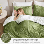 Love's cabin Olive Green Full Comforter Set - Full Size Comforter Set, 3 Pieces Cute Floral Bedding Sets for All Seasons,1 Soft Reversible Botanical Flowers Comforter and 2 Pillow Shams