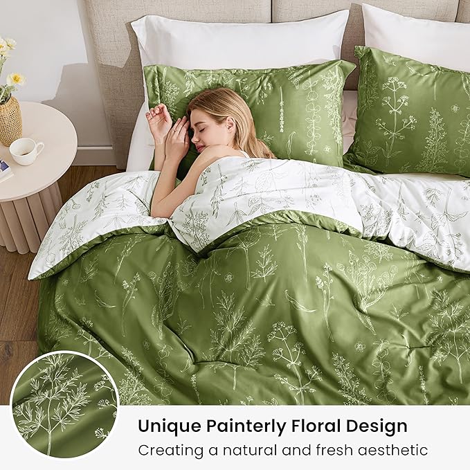 Love's cabin Olive Green King Comforter Set - King Size Comforter Set, 3 Pieces Cute Floral Bedding Sets for All Seasons,1 Soft Reversible Botanical Flowers Comforter and 2 Pillow Shams